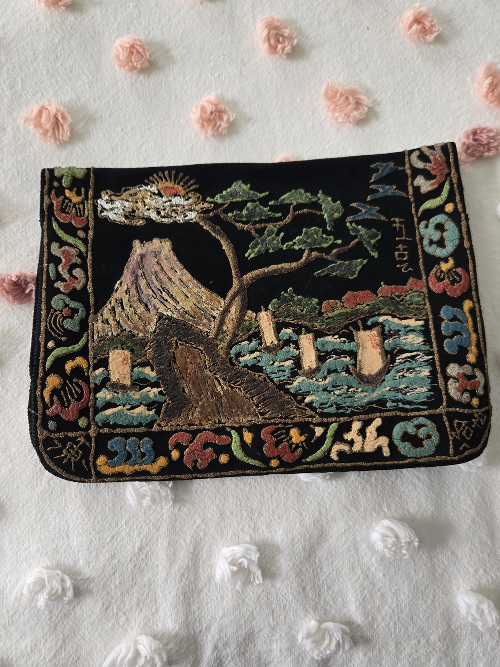 Vintage Chinese Embroidered Scenic Black Clutch with Multicolor Stitching